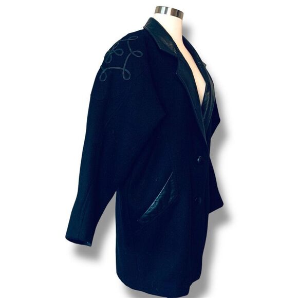 Vintage Black 80s Wool Leather Patch Bomber Western Coat Medium Large - Picture 3 of 8